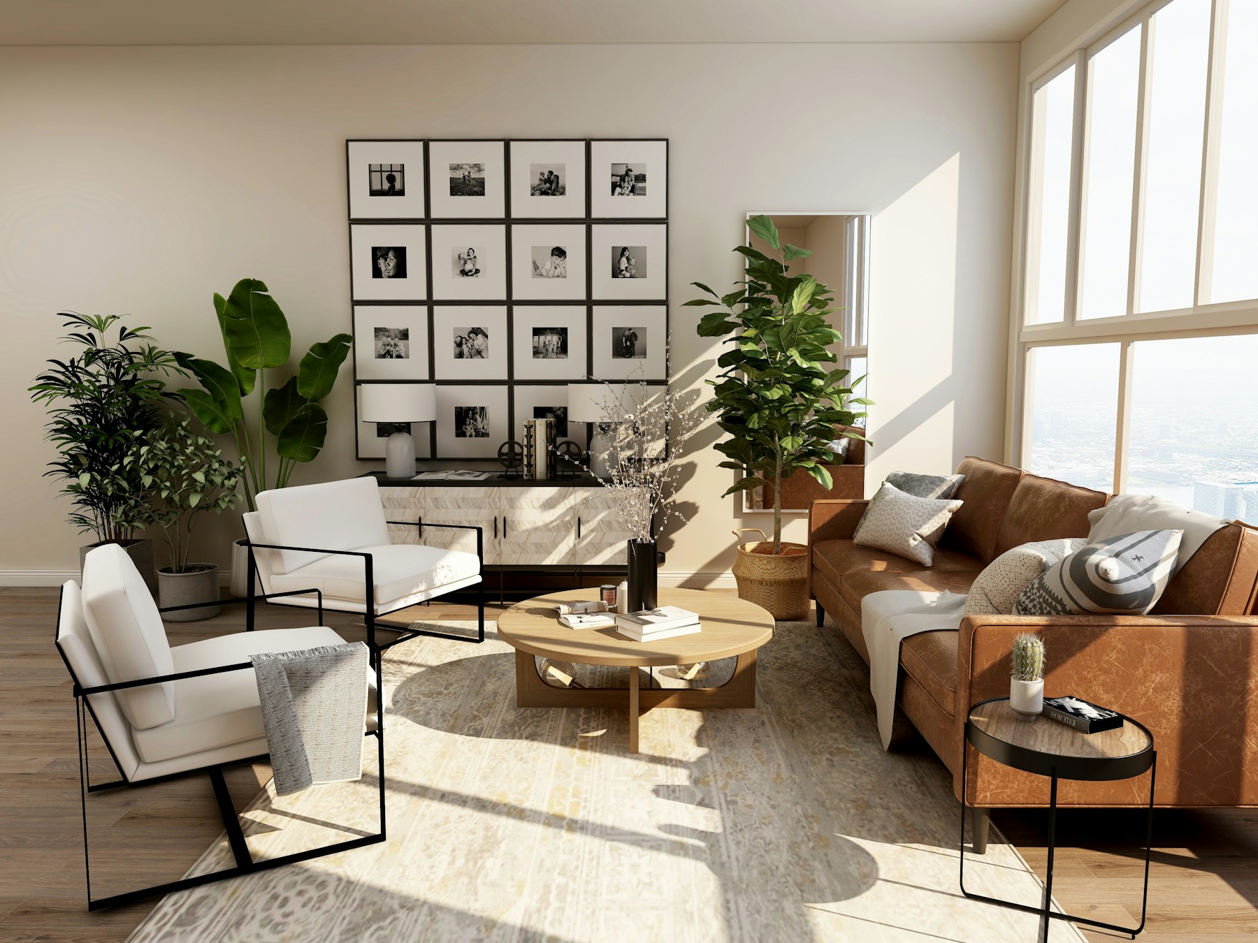 Referencia visual: salón abierto y luminoso, con sofá y materiales naturales